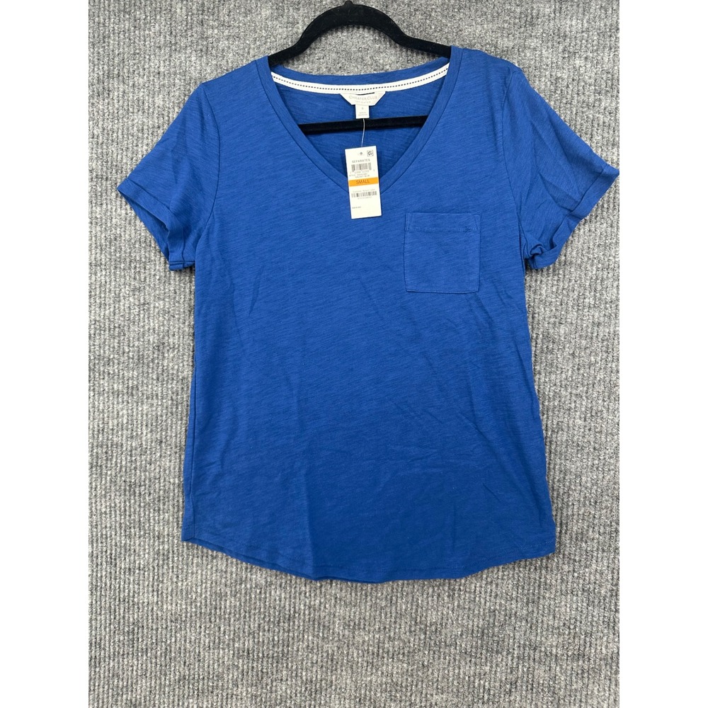 Charter Club V-Neck T-Shirt Women Small Blue New Slub Knit Pocket Tee